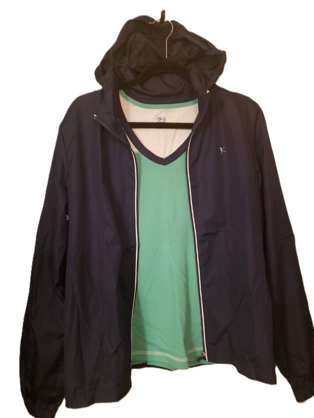 Danskin Now Full Zip Navy Athletic Track Windbreaker Jacket Hidden Hood - Size L